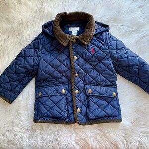 Ralph Lauren Navy Quilted Hooded Jacket with Brown Corduroy Trim